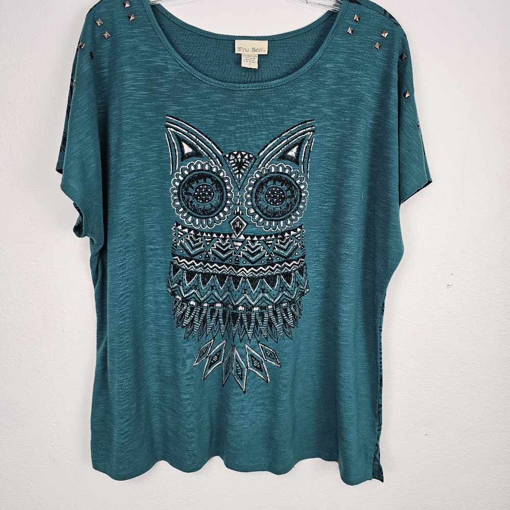 True Self Owl T-Shirt Shoulder Studs Jersey Knit Contrast Back 1X Artsy Quirky